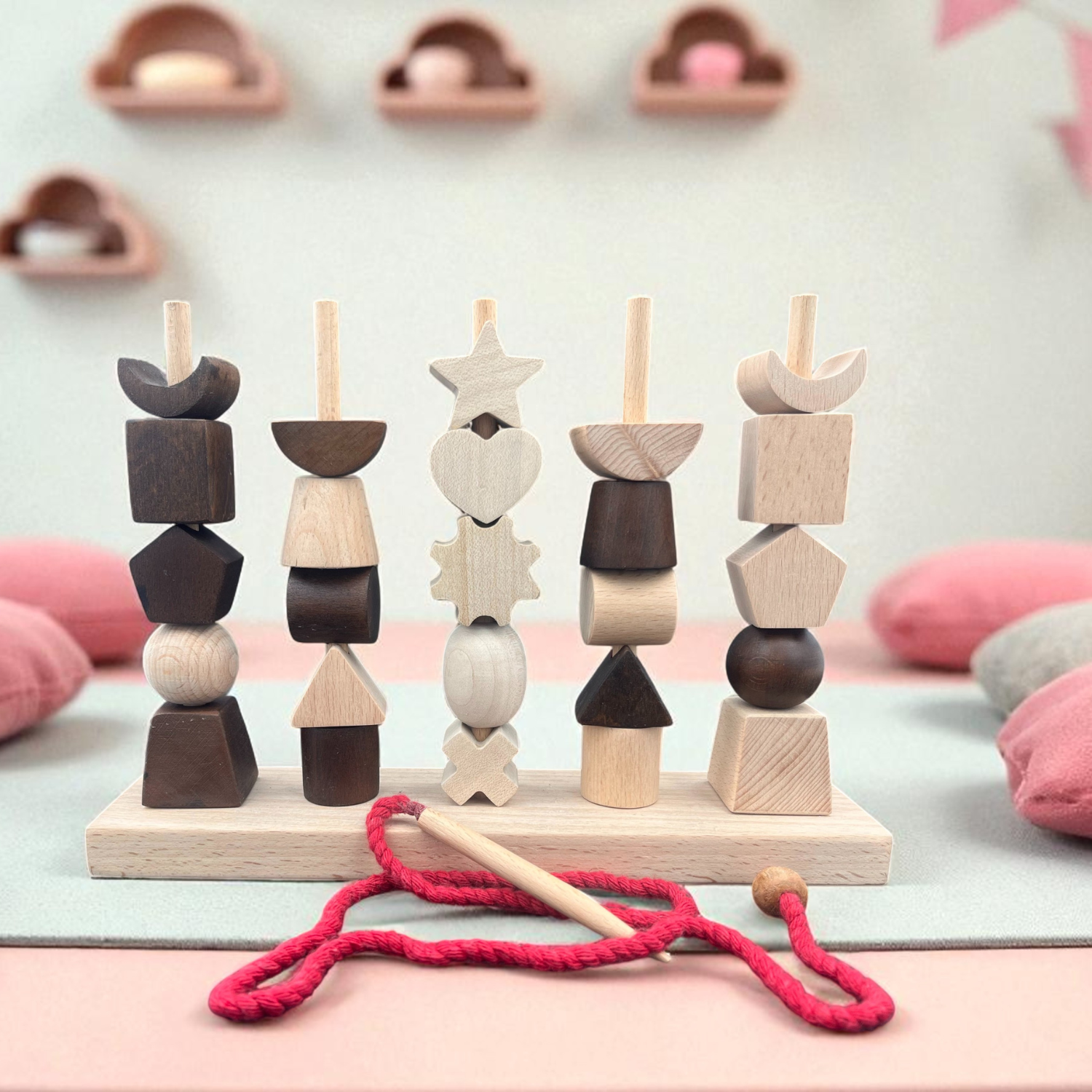 Wooden Stacking & Thread Toy With Different Shapes - COMING SOON